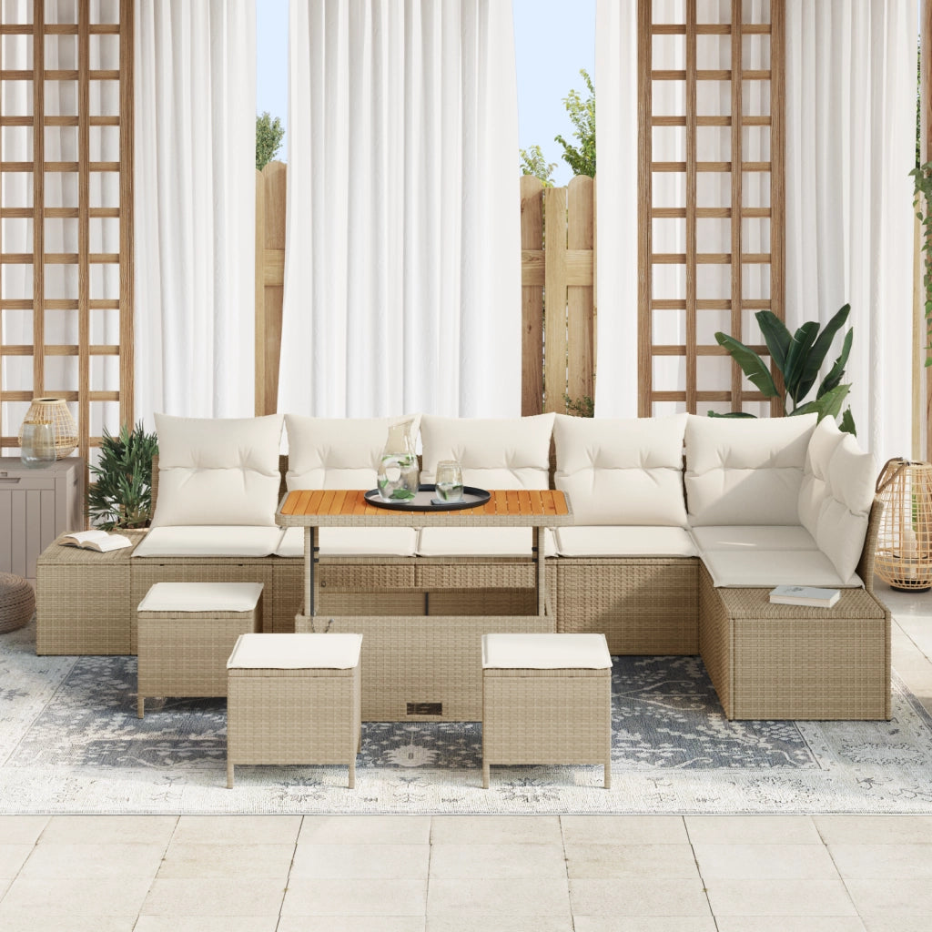 Set divani da giardino con cuscini 10 pezzi beige polyrattan acacia