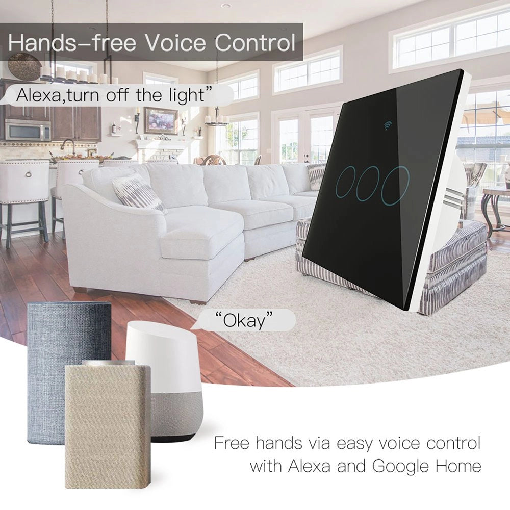 Interruttore Da Parete Touch 3 Tasti, WIFI 2.4G+BLE+RF 433MHz, Bluetooth BLE Mesh TUYA, Smart Life, 10A, AC 90-250V, 50/60HZ, 86X86X30mm Per Scatola 502, IP20, Nero, SH9443B
