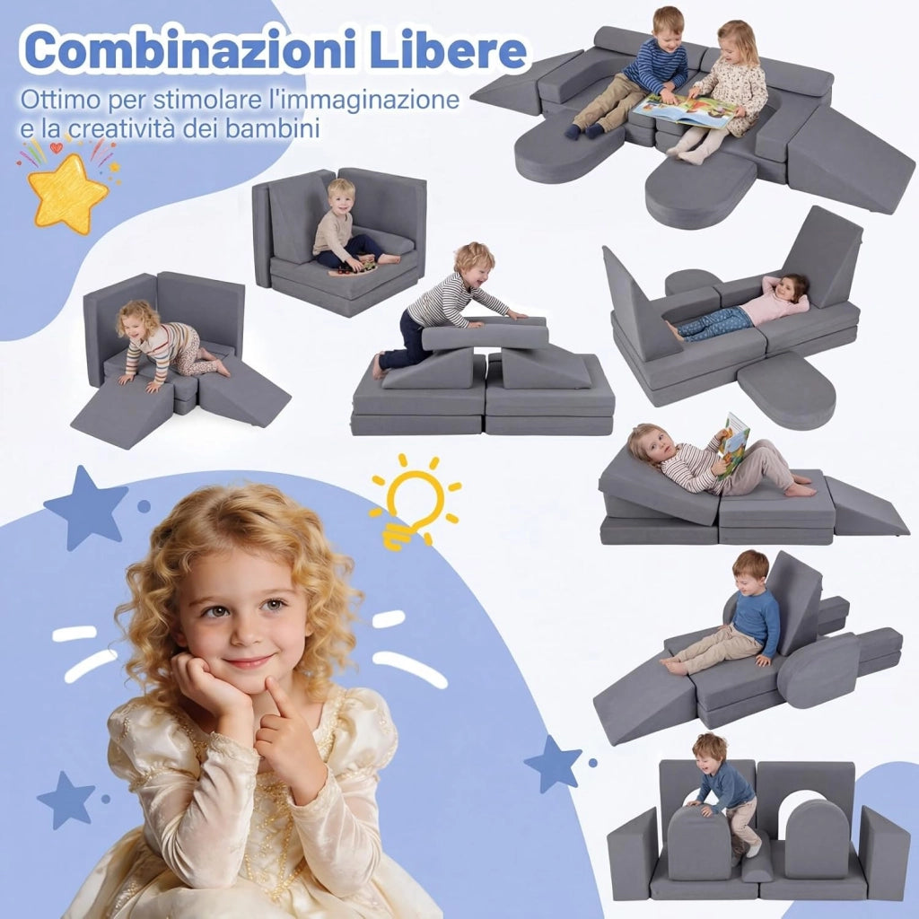 Divano da Gioco per Bambini Trasformabile, Poltrona Modulare a 10 Pezzi, Tessuto Suede e Schiuma ad Alta Elasticità, Divanetto per Bambini 3+ Anni, per Camerette, Soggiorno e Studio (Grigio)