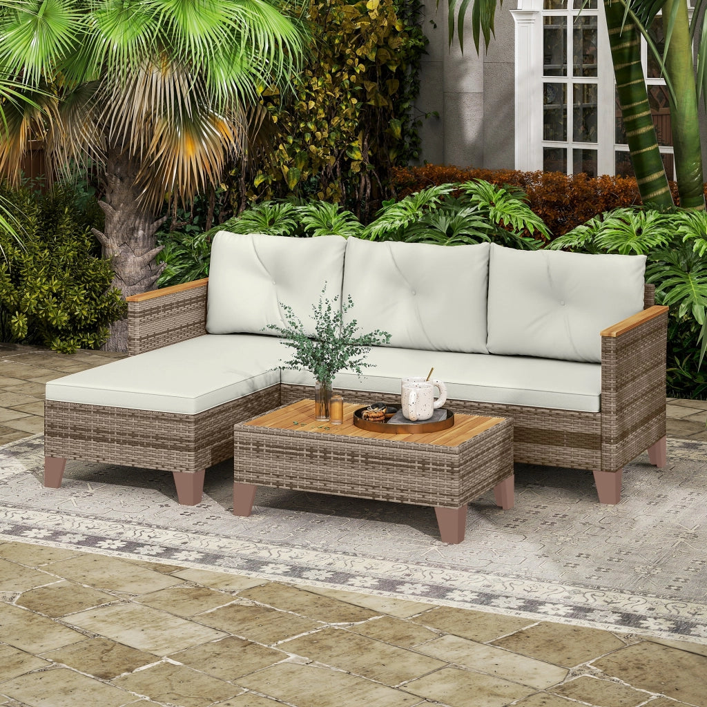 Salotto da Giardino in Rattan PE con Divano 2 Posti, Chaise Longue e Tavolino da Caff¨¨, Crema