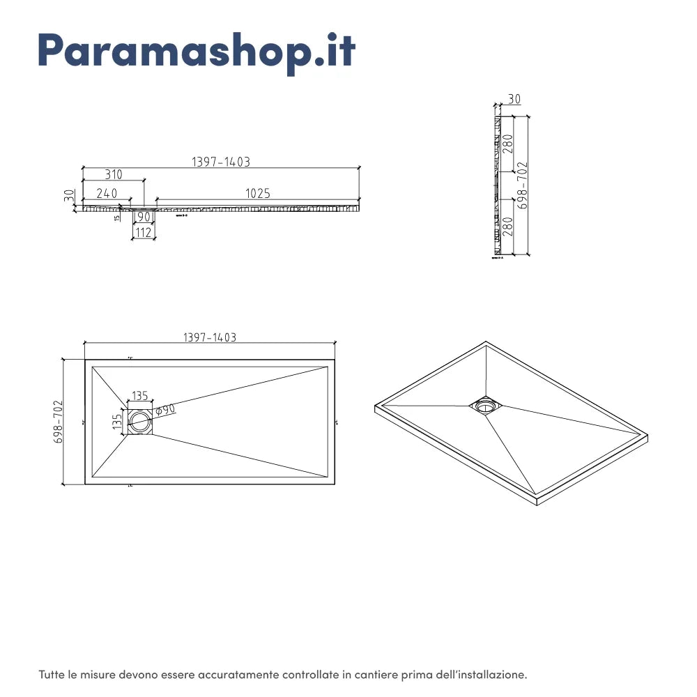 Piatto doccia rettangolare 70x140 cm in marmoresina bianco effetto pietra h3 cm | Milos