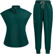Set di Scrub Medici con Collo Alzato - Maglietta Stretch con 2 Tasche Laterali - Pantaloncino Yoga con Cinturino Adattabile - Impermeabile - Resistente alle Rughe - Uniforme Sanitaria
