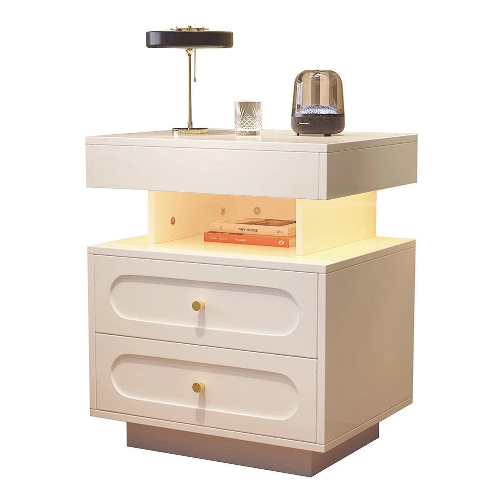 Comodino con Luci LED 50x40x60cm - Xylo - 2 Cassetti, 1 Ripiano Aperto, Bianco