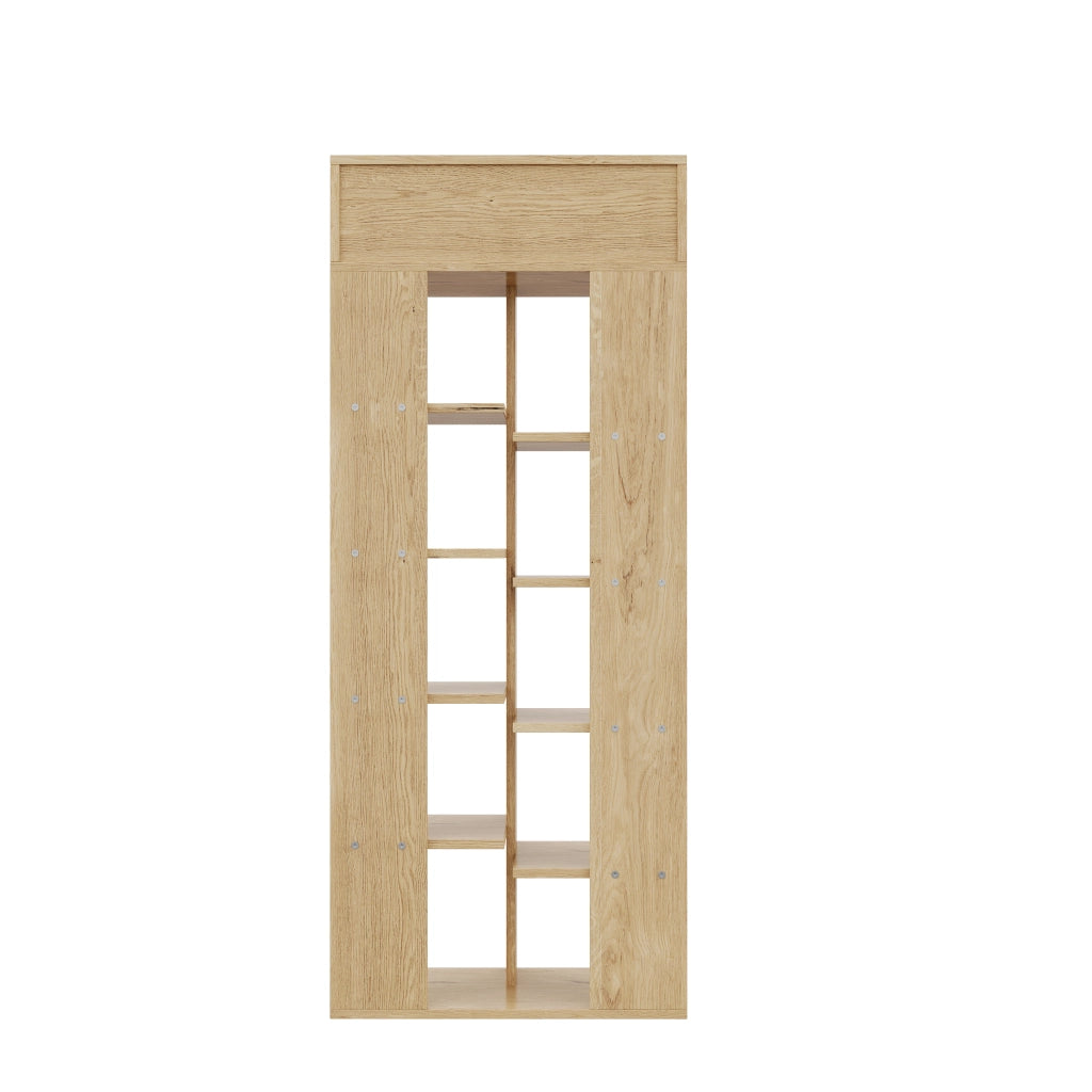 Scarpiera moderna multifunzione con cassetto e ripiani aperti, colore naturale, 55x33x133 cm
