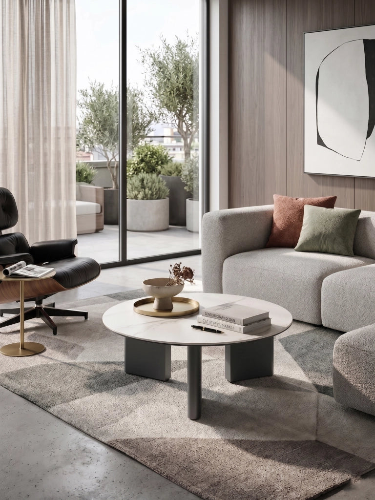 Tavolino rotondo Dot - Struttura in Metallo Antracite e Top Ceramica su Vetro Marmo Bianco - Stones