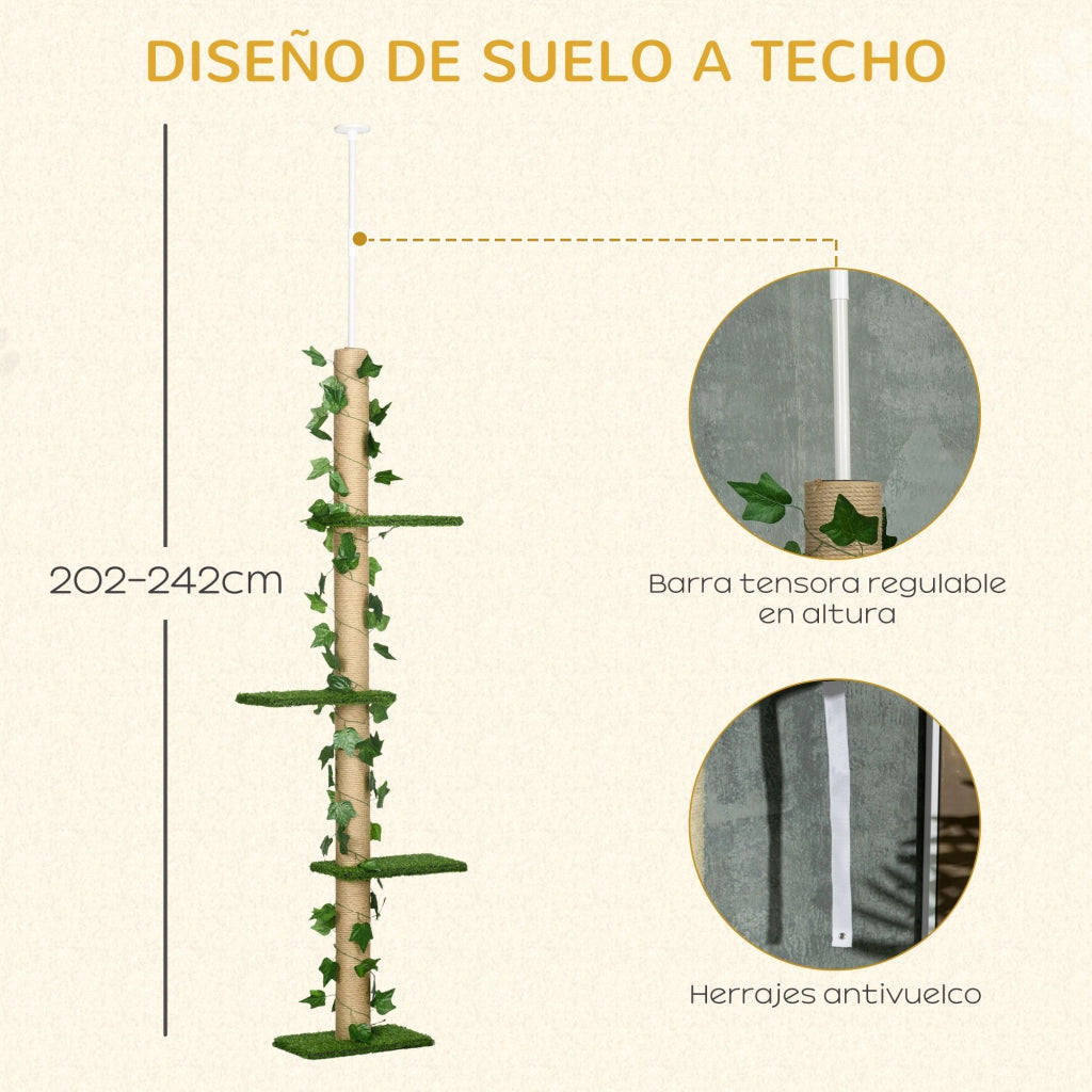 Albero per Gatti con 4 Piattaforme in Erba Sintetica Verde ¨C Zephmum ¨C 37x21x202-242 cm