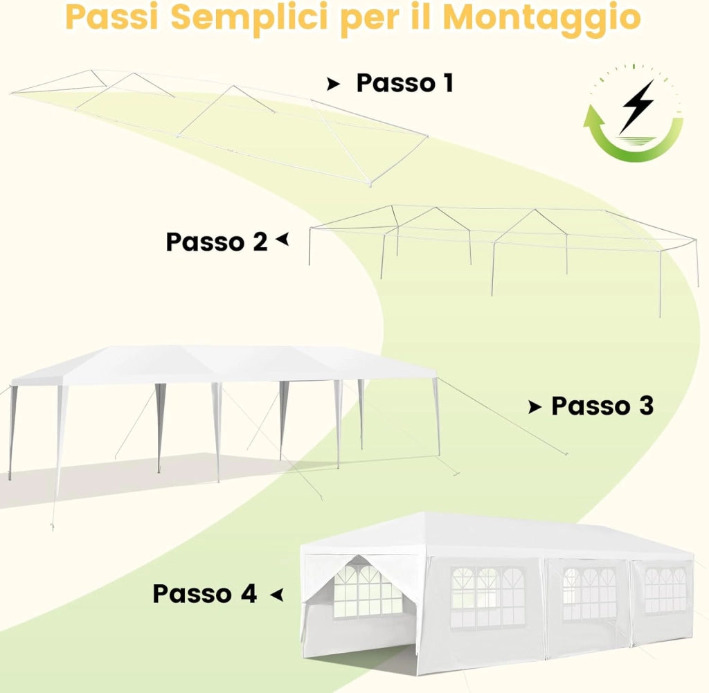 Gazebo da Giardino 3 x 9 m, Tendone per Feste con 8 Pannelli Laterali Rimovibili, Impermeabile Protezione UV, per Matrimonio Eventi e Barbecue