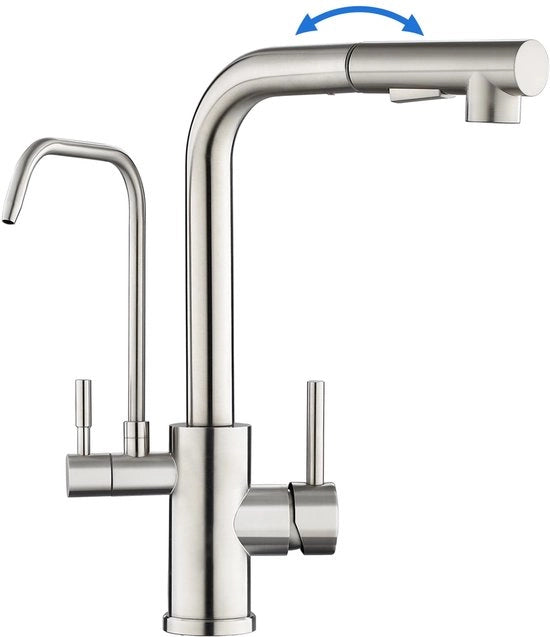 Kraan 3 vie per cucina con filtro, forno a getto per cucina con 2 tipi di getto, rubinetto da doccia scomponibile, miscelatore a 2 maniglie per acqua calda, acqua fredda e acqua potabile, in acciaio inox lucidato, scarico L