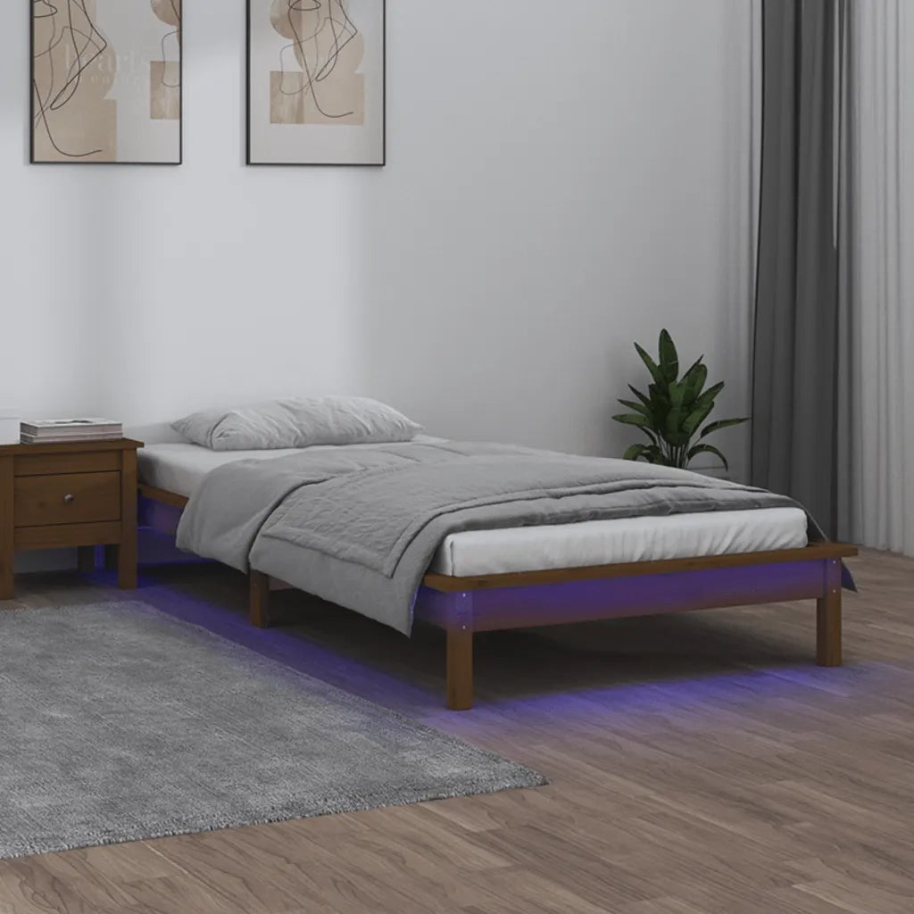 Letto singolo | Letto per adulti | Giroletto con LED senza Materasso Ambra 90x200cm Legno Massello