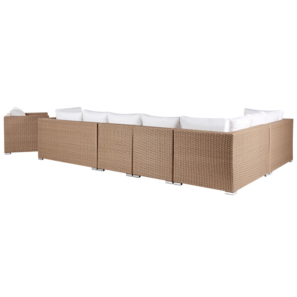 Set da giardino 8 posti in rattan color sabbia lato destro con cuscini beige Divano ad angolo Poltrona Tavolino da caffè