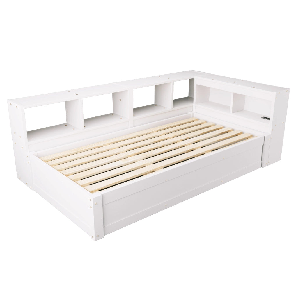 Letto multifunzione 90x200 cm con presa integrata; contenitori e LED in MDF bianco