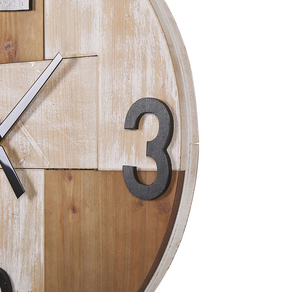 Orologio da Parete Legno Chiaro Tondo ø 60 cm Quadrante Fatto a Mano Lancette Nere Numeri Rustico Minimalista