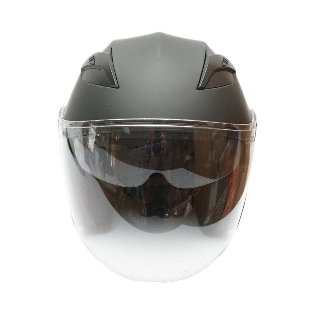 Casco da moto jet nero, modello urbano con visiera trasparente e occhiali da sole, taglia XL