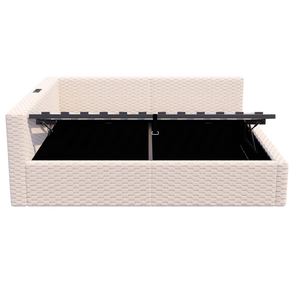 Letto imbottito ULEVR 140x200 cm con contenitore idraulico, LED, 2 USB e Type-C, velluto beige
