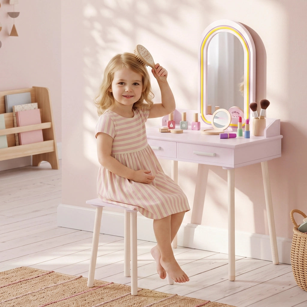 Set Toeletta Trucco Bambina 2 in 1 con Sgabello e LED, 3-8 Anni Rosa