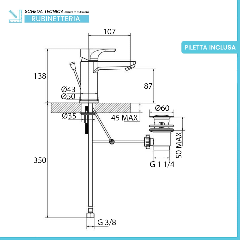 Miscelatore lavabo monocomando cromo lucido con piletta automatica Zyra