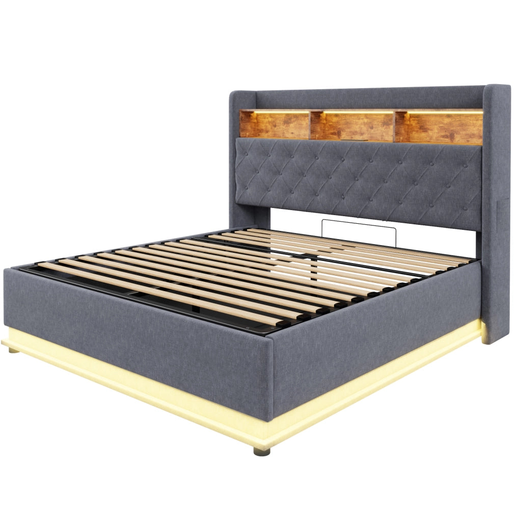 Letto imbottito 180x200 cm con LED multicolore e USB; lino; grigio
