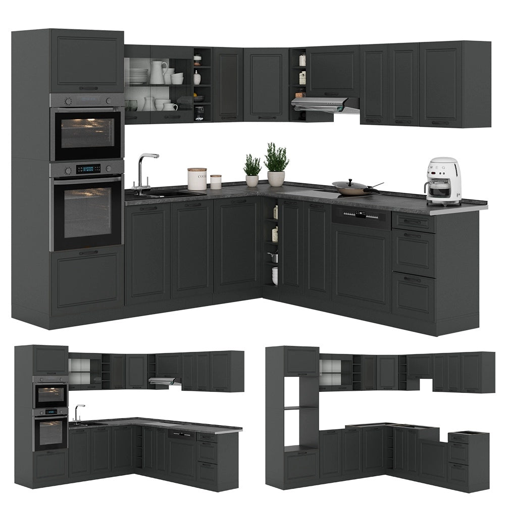 Cucina angolare completa R-Line Antracite rustico/Antracite 247 x 237 cm, PL Marmo Vicco