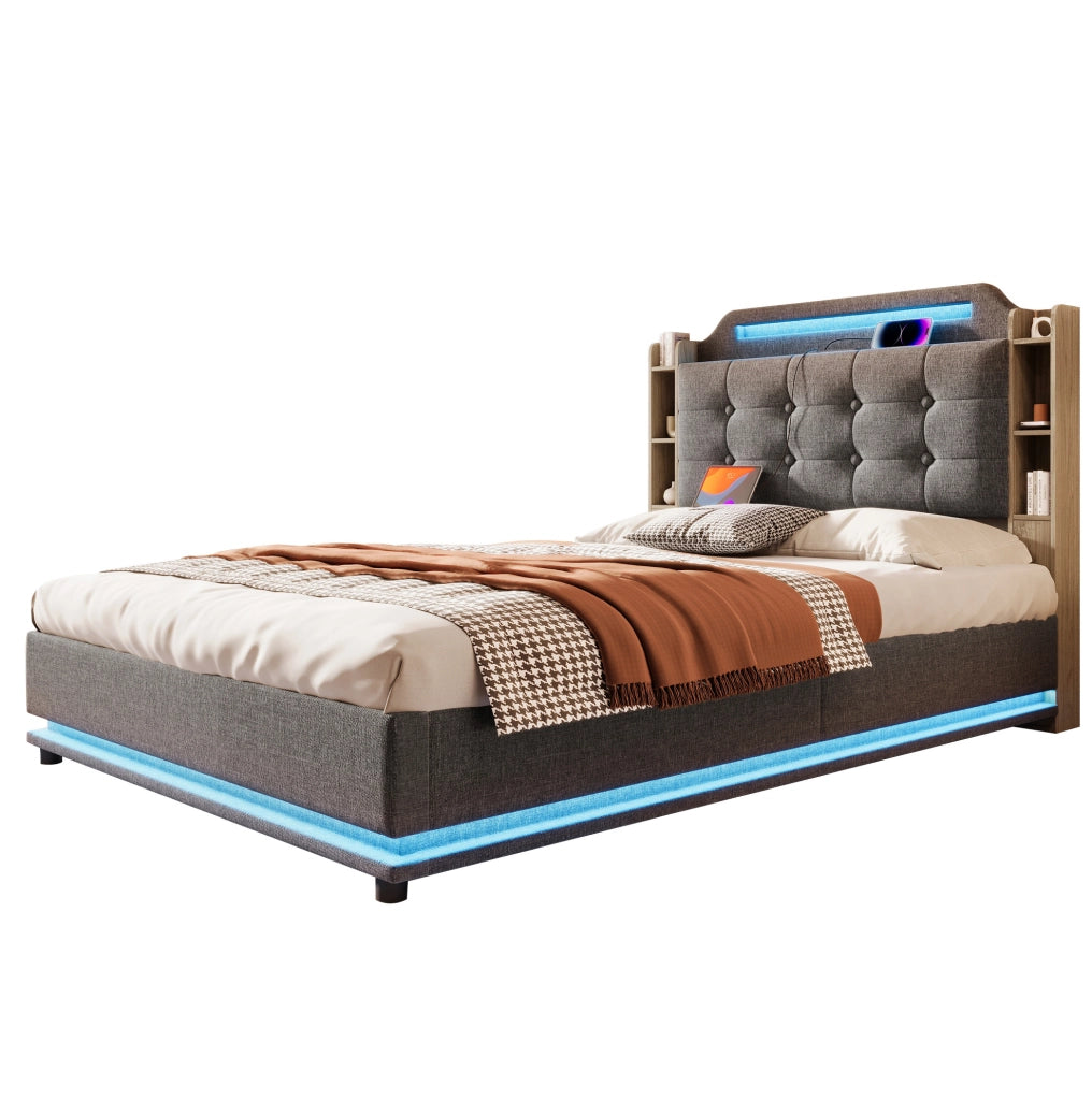 Letto matrimoniale imbottito 140x200 cm in lino grigio con LED; contenitore; USB e Type-C