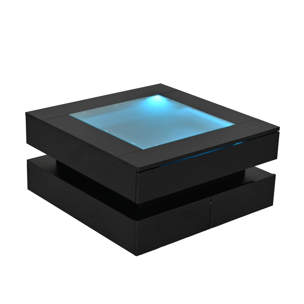 Tavolino da salotto quadrato 70 x 70 x 35 cm con piano in vetro, LED integrata e 3 cassetti, nero