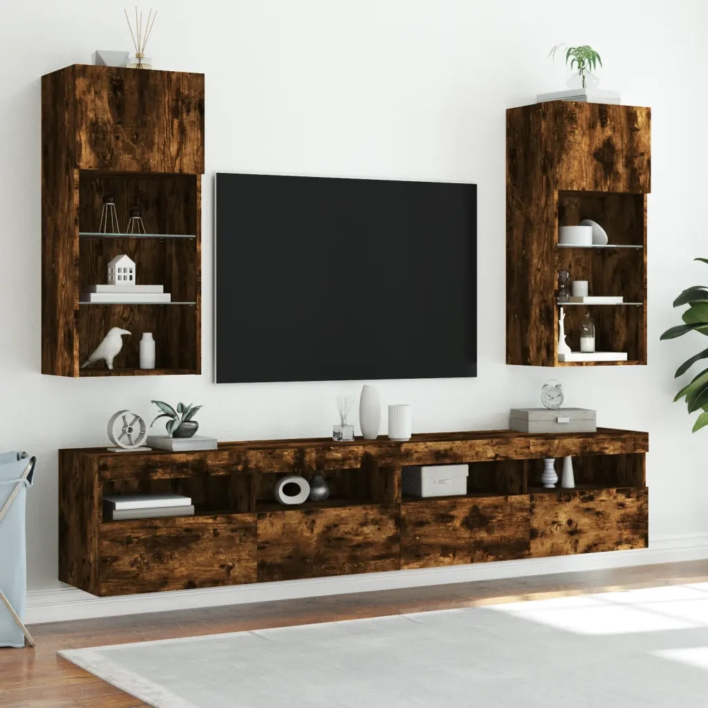 Mobili Porta TV con Luci LED 2 pz Rovere Fumo 40,5x30x90 cm 837052