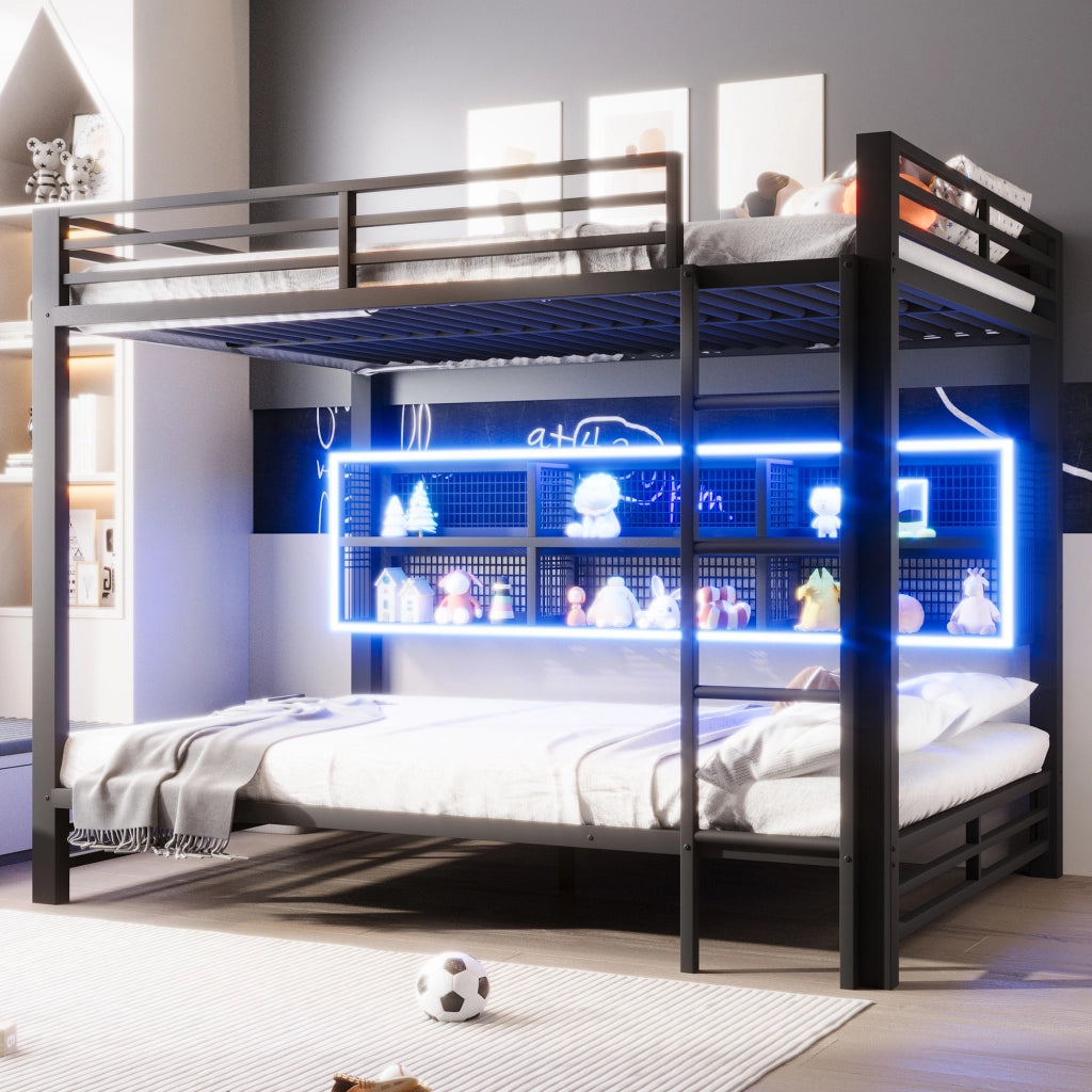 LETTO A CASTELLO 140x200 cm in metallo nero con vani contenitore e LED