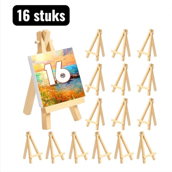 16 pezzi - Sedia per dipinti - 8x15cm - Mini treppiedi multifunzionali in legno - Supporto desktop standard per foto, disegni dei bambini e smartphone - Accessorio decorativo e pratico per ufficio