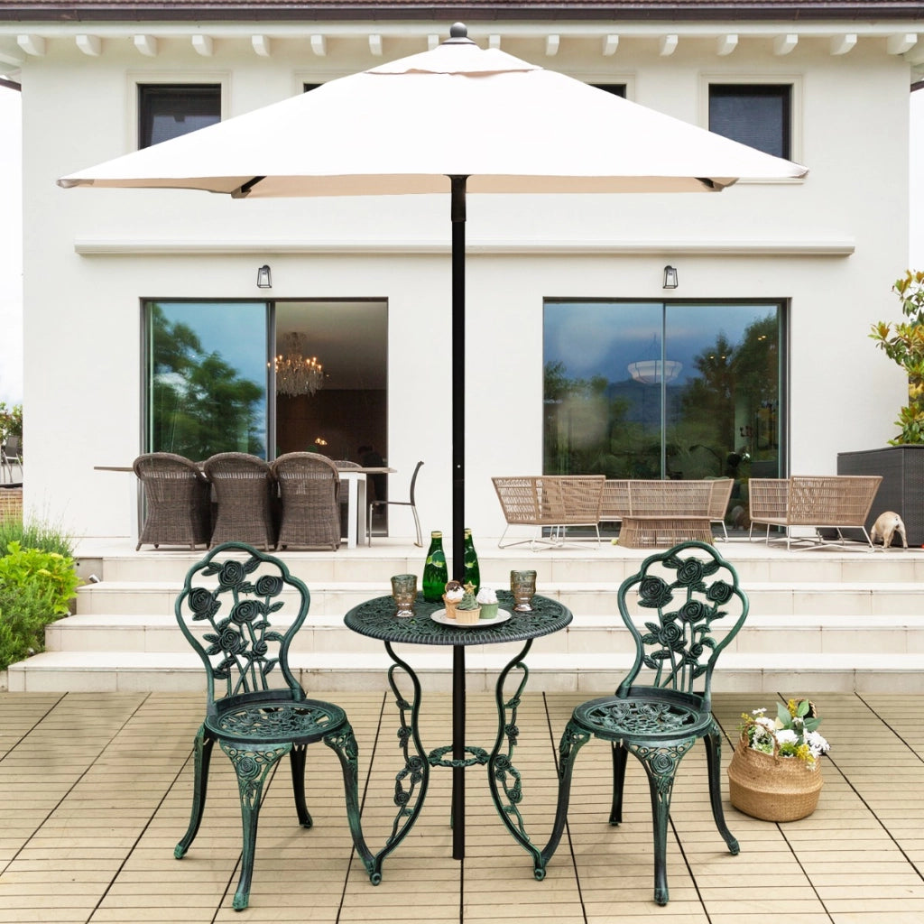Set 3 pezzi da esterno in ghisa e alluminio, Tavolo con foro per ombrellone e 2 sedie da giardino Verde scuro-Set mobili da esterno