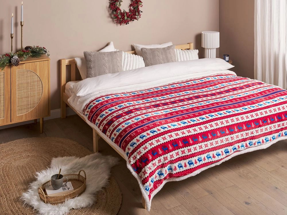 Coperta Plaid in Flanella Rossa e Blu 200 x 220 cm Invernale Stile Maglione Natalizio