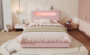 Letto imbottito 140x200 cm rosa con 4 cassetti; testiera con vani e LED con controllo app