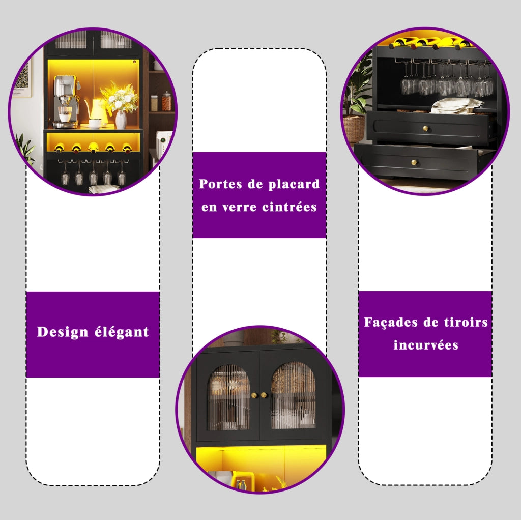 Credenza alta nera con LED smart, portabottiglie e USB
