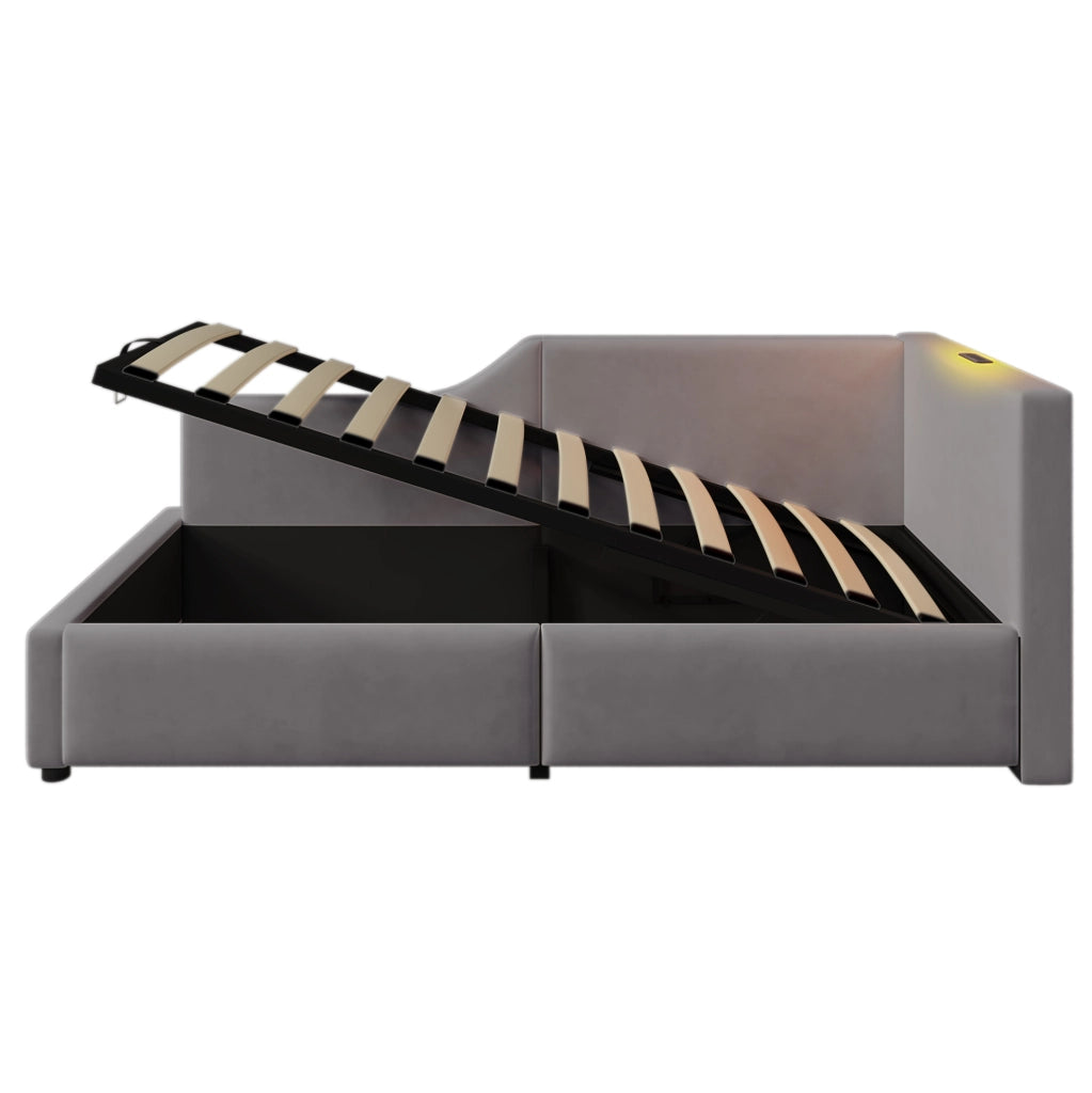 Letto contenitore 90x200 cm con lampada da lettura e USB-C; velluto grigio (Senza materasso)