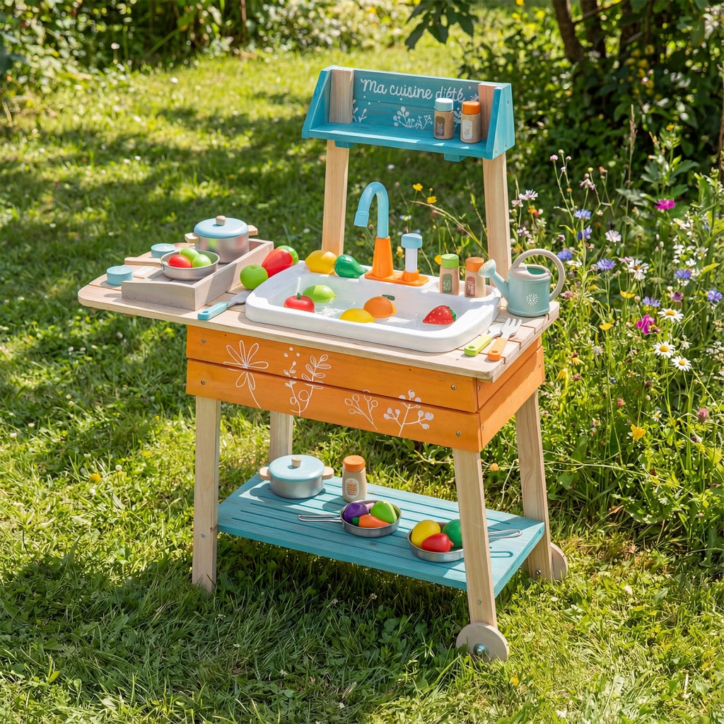 Set cucina da gioco per bambini esterno legno lavandino rimovibile griglia-Cucina giocattolo manopole girevoli rubinetto circolazione 3+ anni