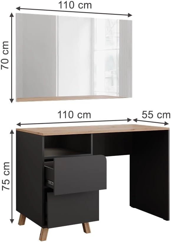 Tavolo da toeletta Karen, Antracite/Artisan, 110 cm con specchio, Materiali robusti per un utilizzo duraturo