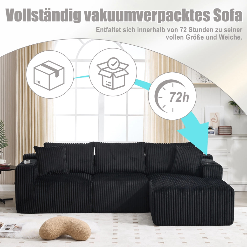Divano modulare con chaise longue e 2 posti con 5 cuscini, tasche laterali e portabicchieri in velluto nero