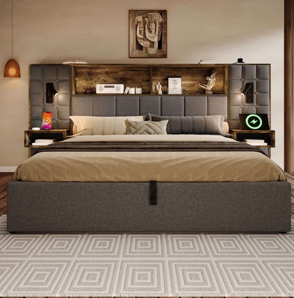 Letto contenitore imbottito con luci, prese e comodini sospesi