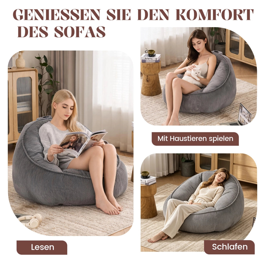 Poltrona pouf con schienale ergonomico - per relax - in velluto a coste - grigio
