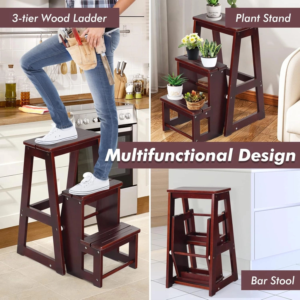 2 in 1 Scaletta e Sgabello Legno, Sgabello Scala Pieghevole, a 3 Gradini, Portata di 150 kg, Richiudibile e Salvaspazio, Ideale per Soggiorno/Studio/Ufficio, 38,5x57x66 cm, 2 Colori