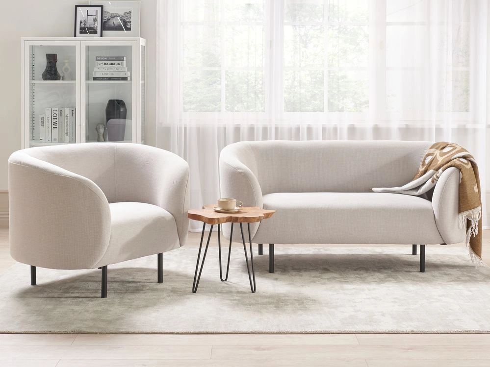 Set divano e poltrona in poliestere beige e nero con gambe dorate stile glamour retrò soggiorno