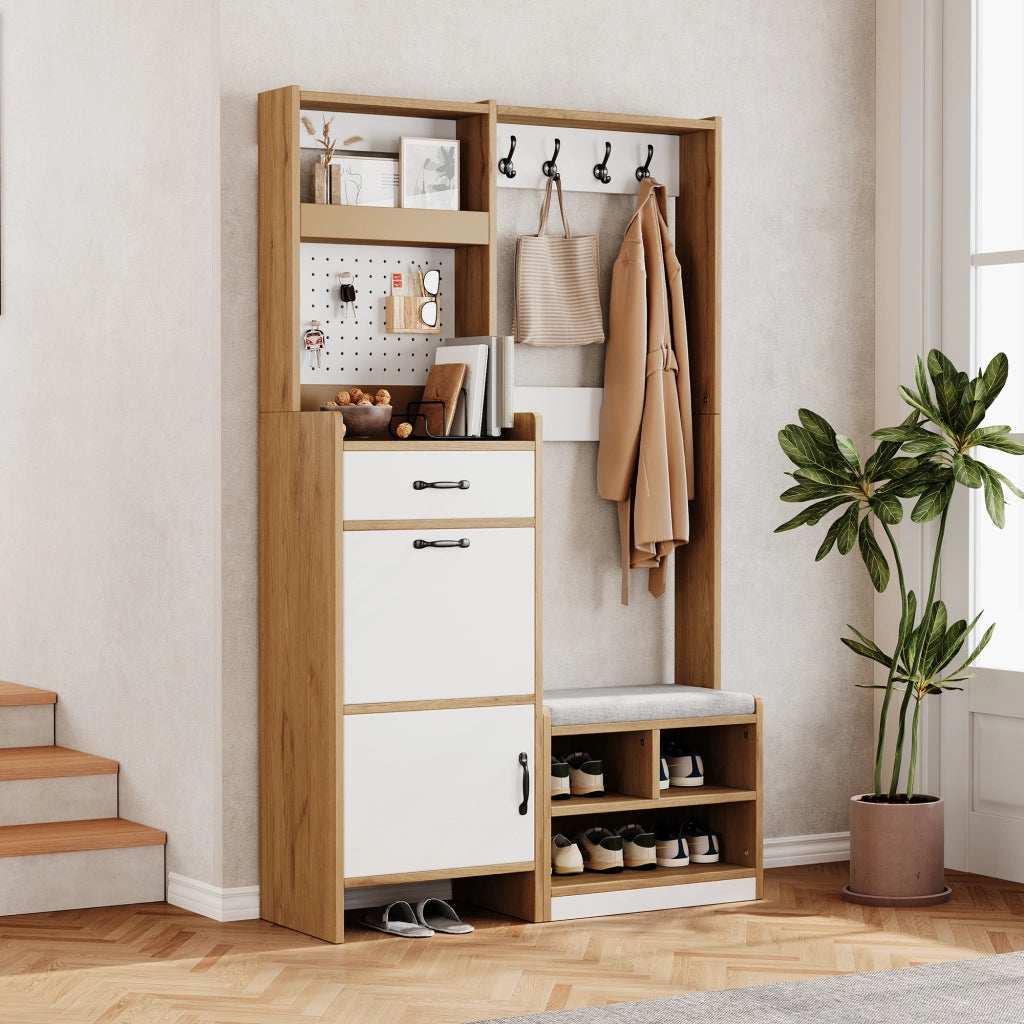 Garderoba da ingresso multifunzionale con scarpiera, panca e appendiabiti, 108,5 x 35 x 180 cm, bianco e naturale