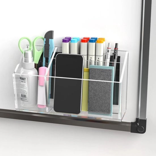 Penne magnetiche per whiteboard, frigorifero e cassettino, supporto acrilico a 3 compartimenti, 21 cm x 12 cm x 6 cm, adesivo, ideale per pennarelli per whiteboard, materiali scolastici, uso domestico, scolastico e ufficio