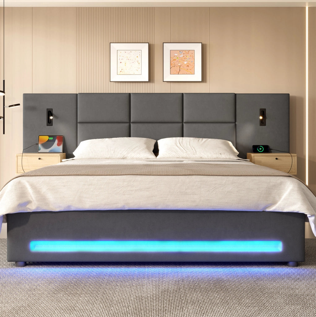 Letto imbottito 180x200 cm con contenitore; LED; USB-C e cassetti in velluto grigio scuro