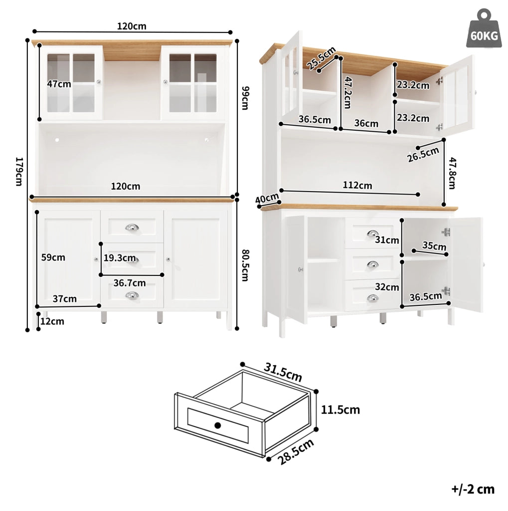 Credenza alta 120x40x179 cm con LED; 4 ante e 3 cassetti in MDF e metallo bianco