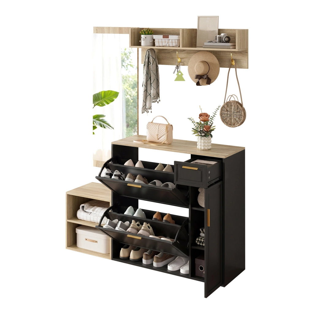 Set ingresso 4 pezzi con scarpiera, panca, appendiabiti da parete e specchio, design salvaspazio in colore Naturale + Nero