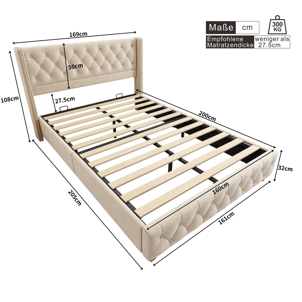 Letto Matrimoniale 160×200 cm; Letto Imbottito in Velluto con Testiera Trapuntata e Borchie; senza Materasso; Beige Chiaro