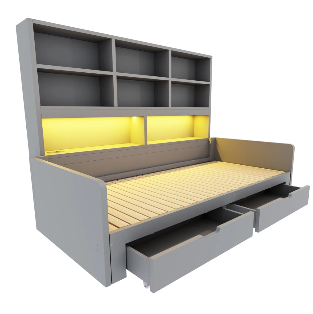 Letto multifunzionale 90/180 x 200 cm in MDF grigio con LED; prese; cassetti e vani aperti