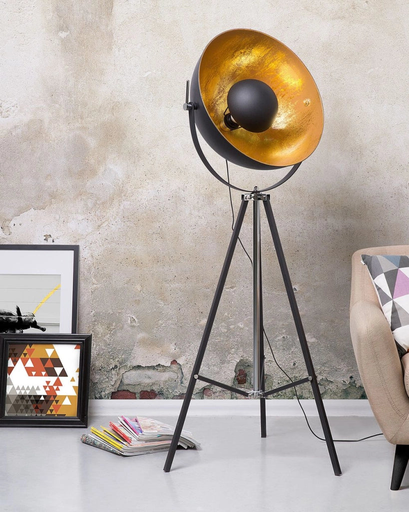Lampada da Terra Nera con Metallo dorato 165 cm Base Treppiede Paralume Orientabile Design Industriale