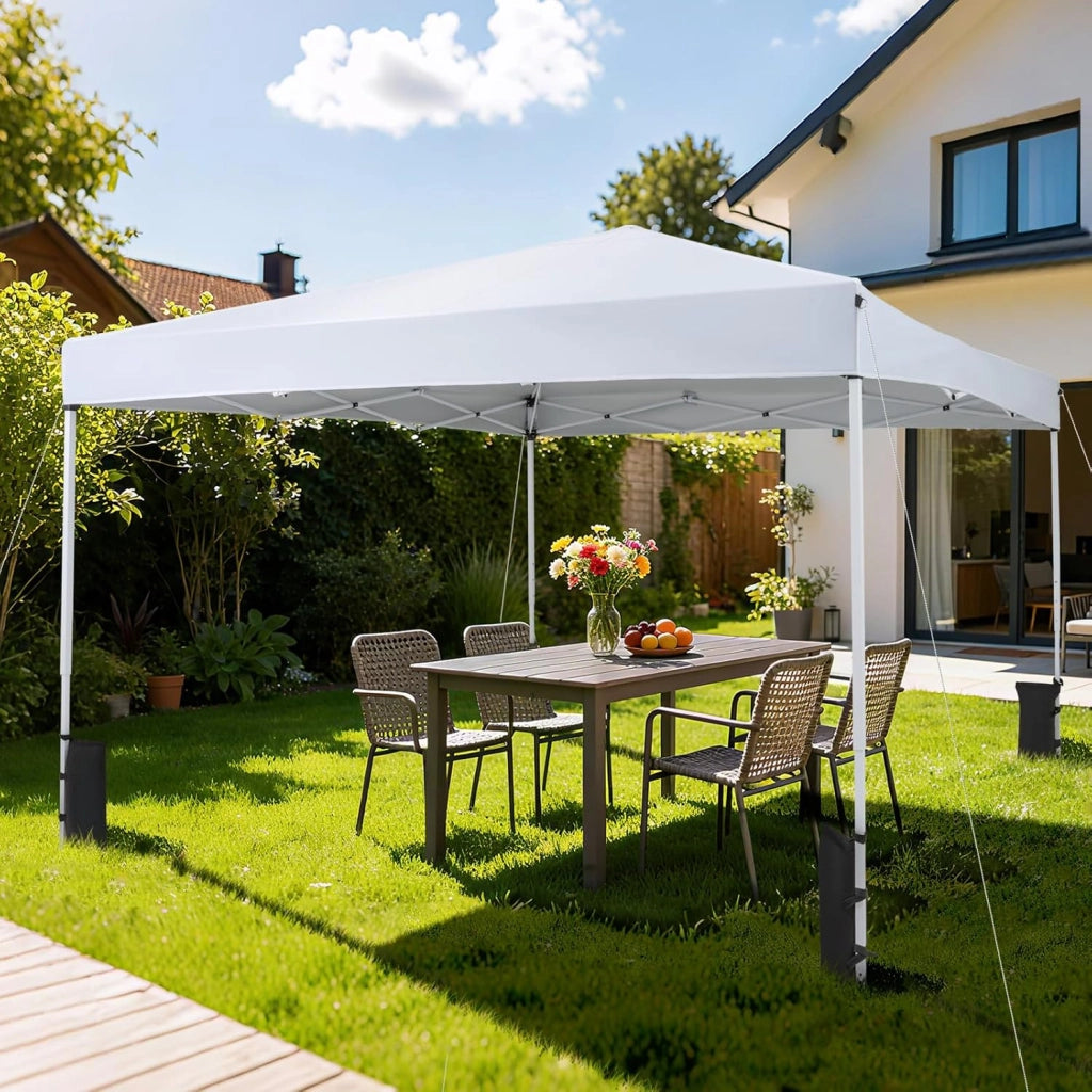 Gazebo da Esterno Pieghevole 290 x 290 cm, Gazebo Pop up con 4 Sacchi di Sabbia e Borsa da Trasporto, Regolabile in Altezza, Telaio Robusto in Metallo, per Mercato, Campeggio (Bianco)