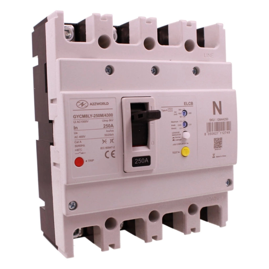 Interruttore Scatolato Con Differenziale Tipo A, 3P+N 250A Icu 35kA Ics 25kA AC 400V, Idn Regolabile 50 100 300 500mA, Ritardo di Intervento Regolabile 0.1-2S, Ui 1000V Uimp 8kV, MCCB+ELCB
