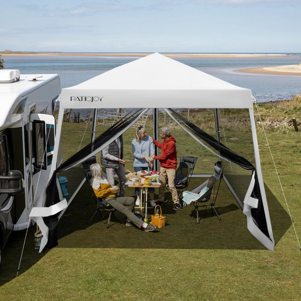 Tenda pieghevole con gambe inclinate e pareti laterali in rete borsa a rullo, Gazebo regolabile in altezza Bianco-Gazebo